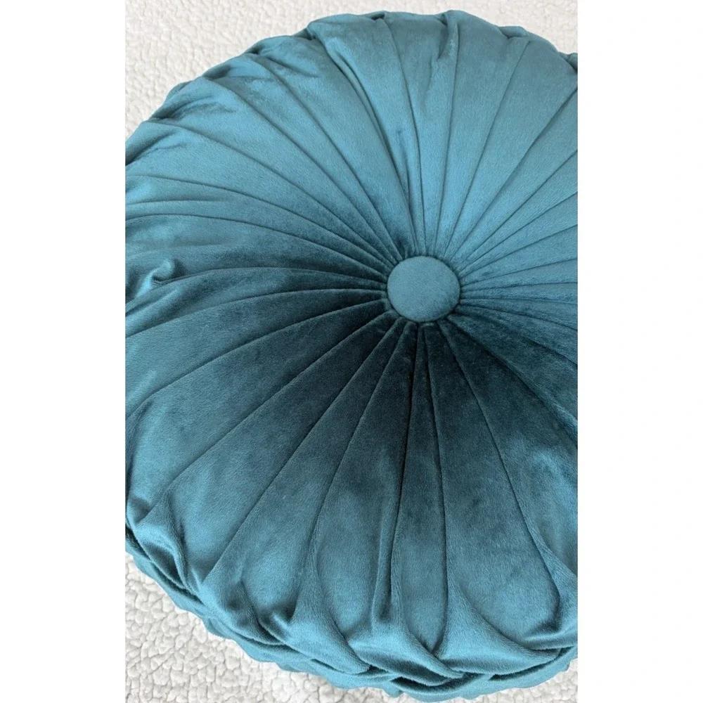 Round Velvet Throw Pillow Pumpkin Teal Blue Green Tufted Pleated Cushion Decor